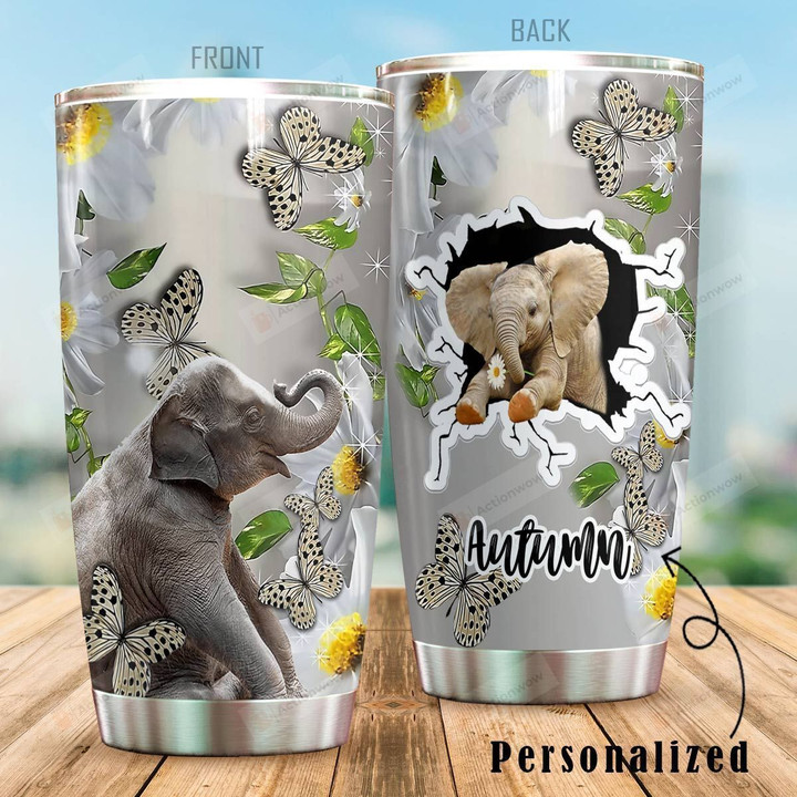 Personalized Elephant White Flower Butterfly Stainless Steel Tumbler Perfect Gifts For Elephant Lover Tumbler Cups For Coffee/Tea, Great Customized Gifts For Birthday Christmas Thanksgiving