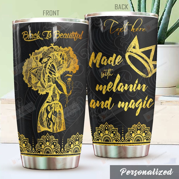 Personalized Black Women Mandala Made With Melanin And Magic Stainless Steel Tumbler Perfect Gifts For Daughter Girlfriend Wife Tumbler Cups For Coffee/Tea, Great Customized Gifts For Birthday Christmas Thanksgiving