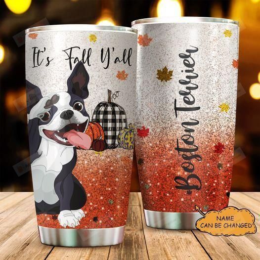 Personalized Boston Terrier It's Fall Y'all Autumn Maple Leaves Orange Sparkle Stainless Steel Tumbler Perfect Gifts For Baking Lover Tumbler Cups For Coffee/Tea, Great Customized Gifts For Birthday Christmas Thanksgiving