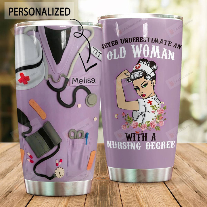 Personalized Nurse Old Woman With A Nursing Degree Purple Stainless Steel Tumbler Perfect Gifts For Nurse Tumbler Cups For Coffee/Tea, Great Customized Gifts For Birthday Christmas Thanksgiving