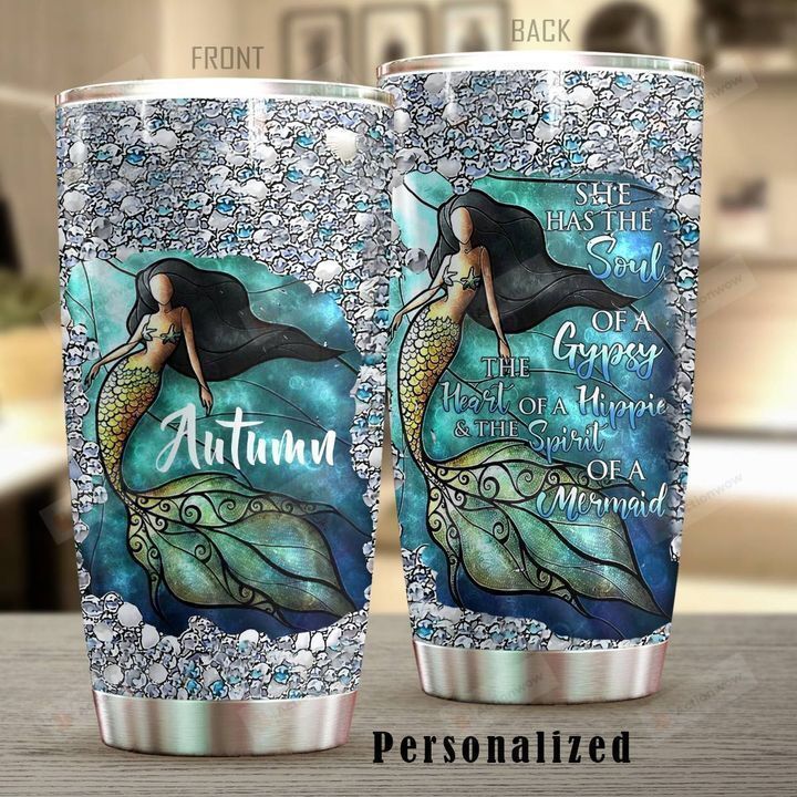 Personalized Mermaid The Heart Of A Hippie Stainless Steel Tumbler Perfect Gifts For Mermaid Lover Tumbler Cups For Coffee/Tea, Great Customized Gifts For Birthday Christmas Thanksgiving
