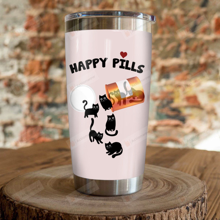 Black Cat Happy Pills Pink Stainless Steel Tumbler Perfect Gifts For Cat Lover Tumbler Cups For Coffee/Tea, Great Customized Gifts For Birthday Christmas Thanksgiving
