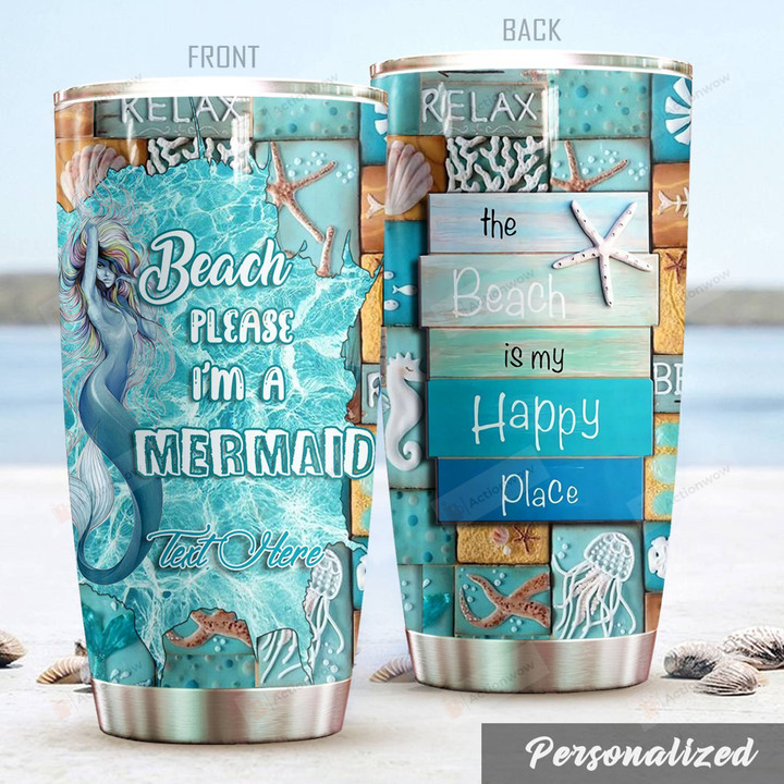 Personalized Mermaid The Beach Is My Happy Place Stainless Steel Tumbler Perfect Gifts For Mermaid Lover Tumbler Cups For Coffee/Tea, Great Customized Gifts For Birthday Christmas Thanksgiving