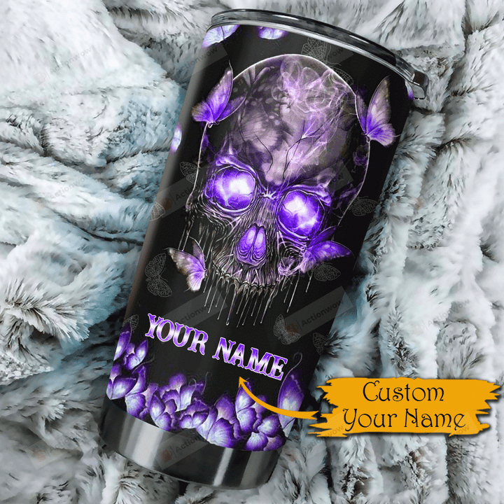 Personalized Skull Purple Butterfly Stainless Steel Tumbler Perfect Gifts For Skull Lover Tumbler Cups For Coffee/Tea, Great Customized Gifts For Birthday Christmas Thanksgiving