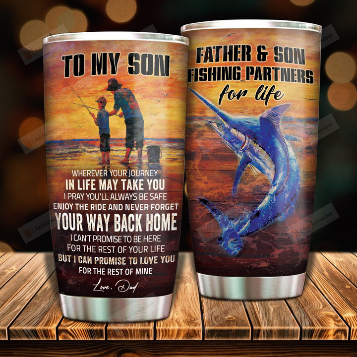 Personalized Fishing To My Son From Dad Fishing Partner For Life Stainless Steel Tumbler Perfect Gifts For Fishing Lover Tumbler Cups For Coffee/Tea, Great Customized Gifts For Birthday Christmas Thanksgiving