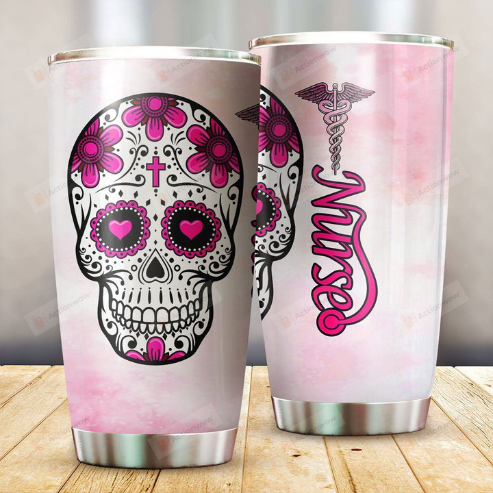 Nurse Sugar Skull Flower Stainless Steel Tumbler Perfect Gifts For Skull Lover Tumbler Cups For Coffee/Tea, Great Customized Gifts For Birthday Christmas Thanksgiving