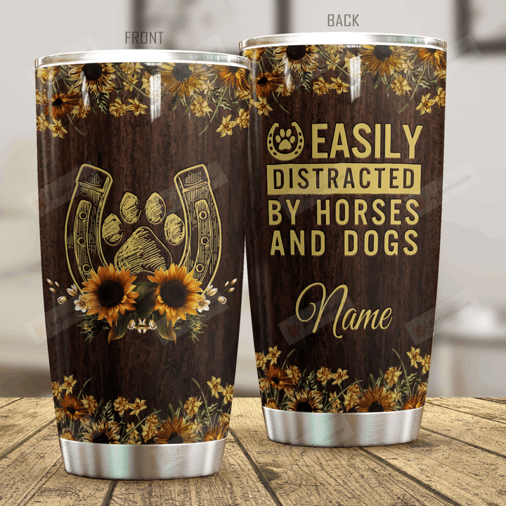 Personalized Sunflower Easily Distracted By Horses And Dogs Stainless Steel Tumbler Perfect Gifts For Horse Lover Tumbler Cups For Coffee/Tea, Great Customized Gifts For Birthday Christmas Thanksgiving