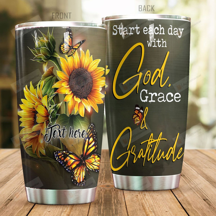 Personalized Sunflower Monarch Butterfly Start Each Day With God Stainless Steel Tumbler Perfect Gifts For Butterfly Lover Tumbler Cups For Coffee/Tea, Great Customized Gifts For Birthday Christmas Thanksgiving