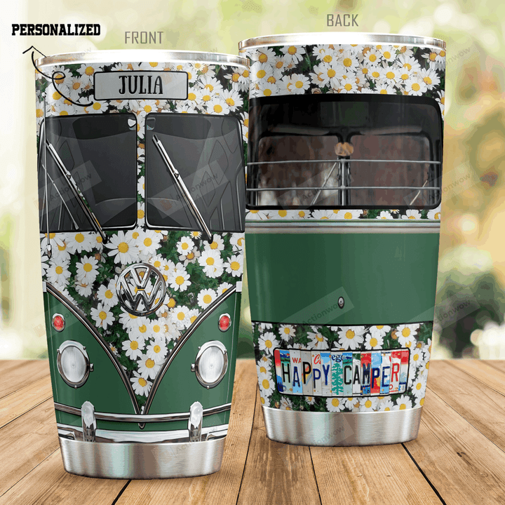 Personalized Camping Car With Daisy Flower Happy Camper Stainless Steel Tumbler Perfect Gifts For Camping Lover Tumbler Cups For Coffee/Tea, Great Customized Gifts For Birthday Christmas Thanksgiving