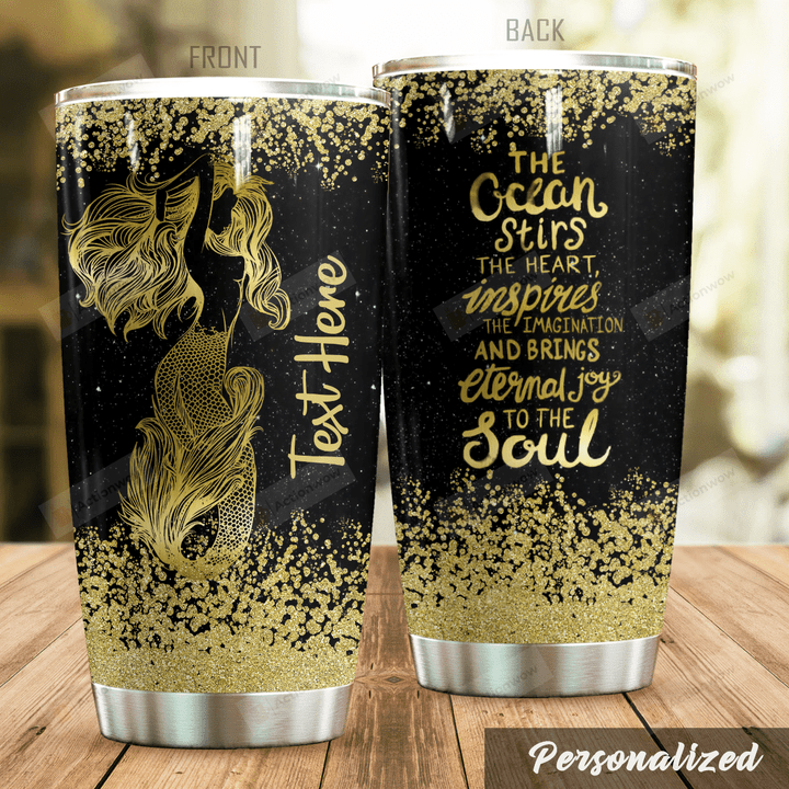 Personalized Golden Mermaid The Ocean Stirs The Heart Stainless Steel Tumbler Perfect Gifts For Mermaid Lover Tumbler Cups For Coffee/Tea, Great Customized Gifts For Birthday Christmas Thanksgiving