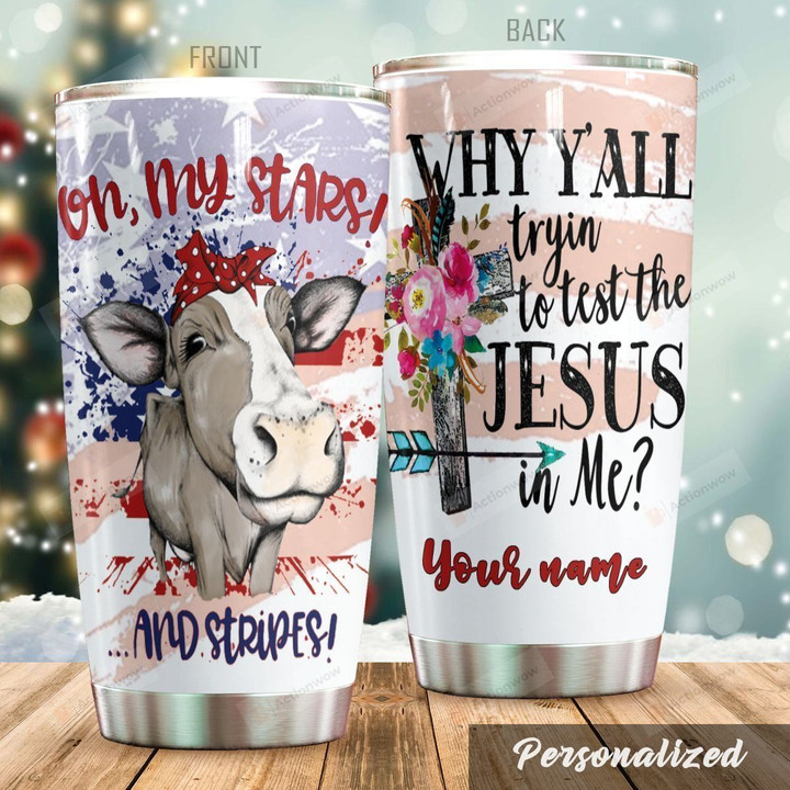 Personalized Cow Lady Oh My Stars And Stripes Stainless Steel Tumbler Perfect Gifts For Cow Lover Tumbler Cups For Coffee/Tea, Great Customized Gifts For Birthday Christmas Thanksgiving