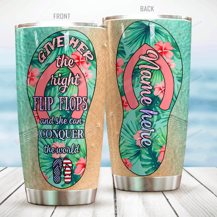 Personalized Flip Flops Tropical She Can Conquor The World Stainless Steel Tumbler Perfect Gifts For Flip Flop Lover Tumbler Cups For Coffee/Tea, Great Customized Gifts For Birthday Christmas Thanksgiving