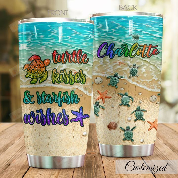 Personalized Sea Turtle Turtle Kisses Starfish Wishes Stainless Steel Tumbler Perfect Gifts For Sea Turtle Lover Tumbler Cups For Coffee/Tea, Great Customized Gifts For Birthday Christmas Thanksgiving