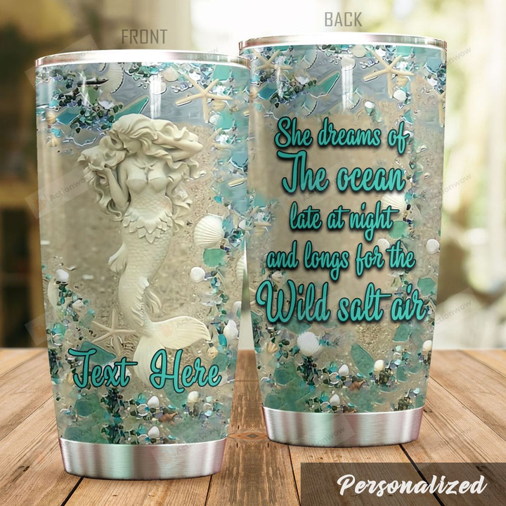 Personalized Mermaid Dreams Of The Ocean Late At Night Stainless Steel Tumbler Perfect Gifts For Mermaid Lover Tumbler Cups For Coffee/Tea, Great Customized Gifts For Birthday Christmas Thanksgiving