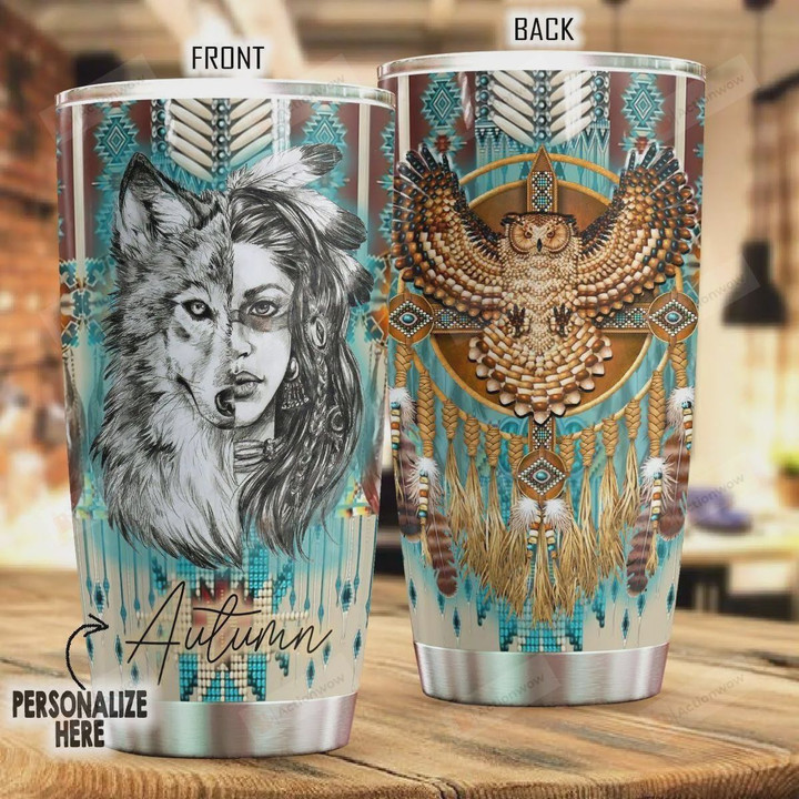Personalized Native American Wolf Owl Stainless Steel Tumbler, Tumbler Cups For Coffee/Tea, Great Customized Gifts For Birthday Christmas Thanksgiving