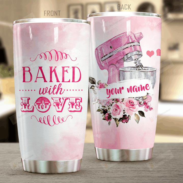 Personalized Pink Baked With Love Stainless Steel Tumbler Perfect Gifts For Baking Lover Tumbler Cups For Coffee/Tea, Great Customized Gifts For Birthday Christmas Thanksgiving