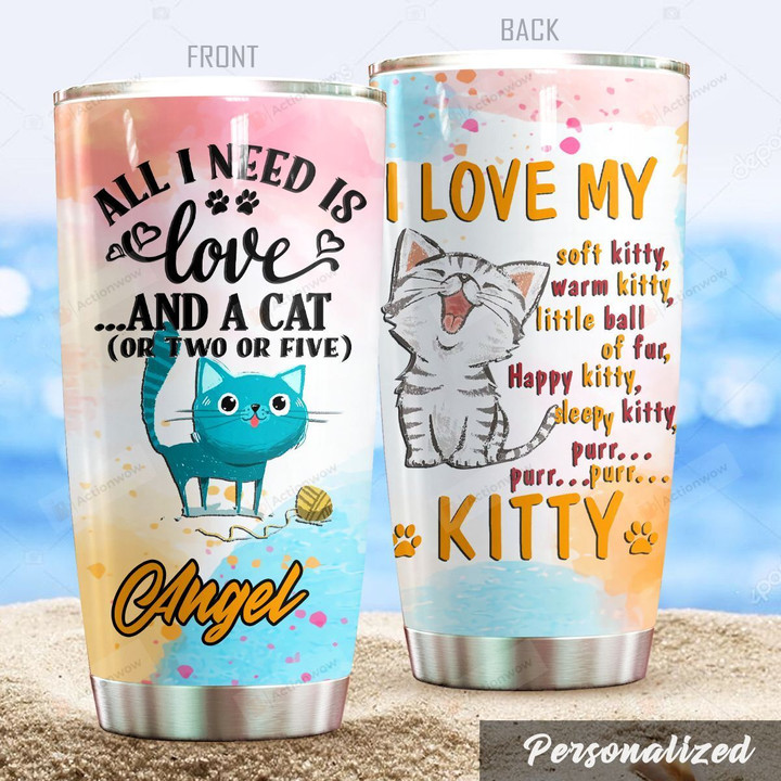 Personalized Adorable Cat I Love My Soft Kitty Stainless Steel Tumbler Perfect Gifts For Cat Lover Tumbler Cups For Coffee/Tea, Great Customized Gifts For Birthday Christmas Thanksgiving