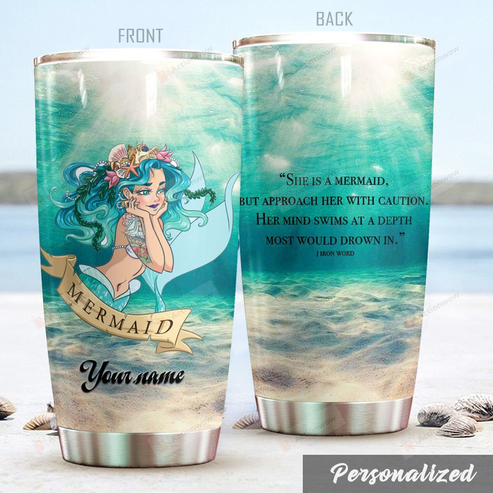 Personalized Pretty Mermaid But Approach Her With Caution Stainless Steel Tumbler Perfect Gifts For Mermaid Lover Tumbler Cups For Coffee/Tea, Great Customized Gifts For Birthday Christmas Thanksgiving