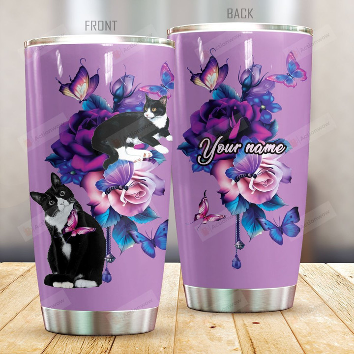 Personalized Cat And Purple Flower Stainless Steel Tumbler Perfect Gifts For Cat Lover Tumbler Cups For Coffee/Tea, Great Customized Gifts For Birthday Christmas Thanksgiving