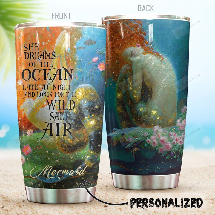 Personalized Mermaid In The Ocean Late At Night And Longs For The Wild Stainless Steel Tumbler Perfect Gifts For Mermaid Lover Tumbler Cups For Coffee/Tea, Great Customized Gifts For Birthday Christmas Thanksgiving