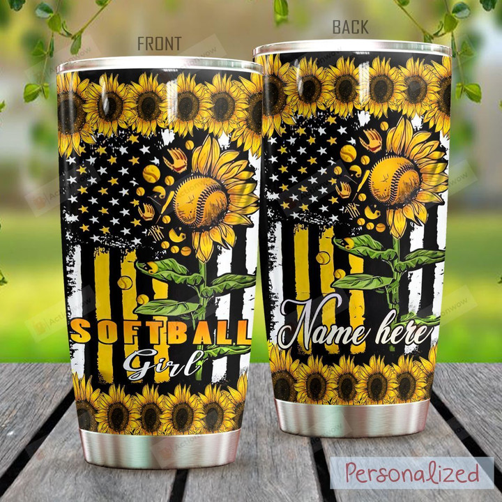 Personalized Softball Sunflower Girl Stainless Steel Tumbler Tumbler Cups For Coffee/Tea Great Customized Gifts For Birthday Christmas Thanksgiving Perfect Gifts For Softball Lovers
