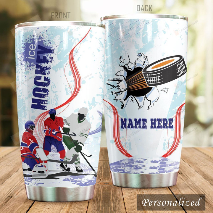 Personalized Ice Hockey Player And Puck Stainless Steel Tumbler Perfect Gifts For Ice Hockey Lover Tumbler Cups For Coffee/Tea, Great Customized Gifts For Birthday Christmas Thanksgiving