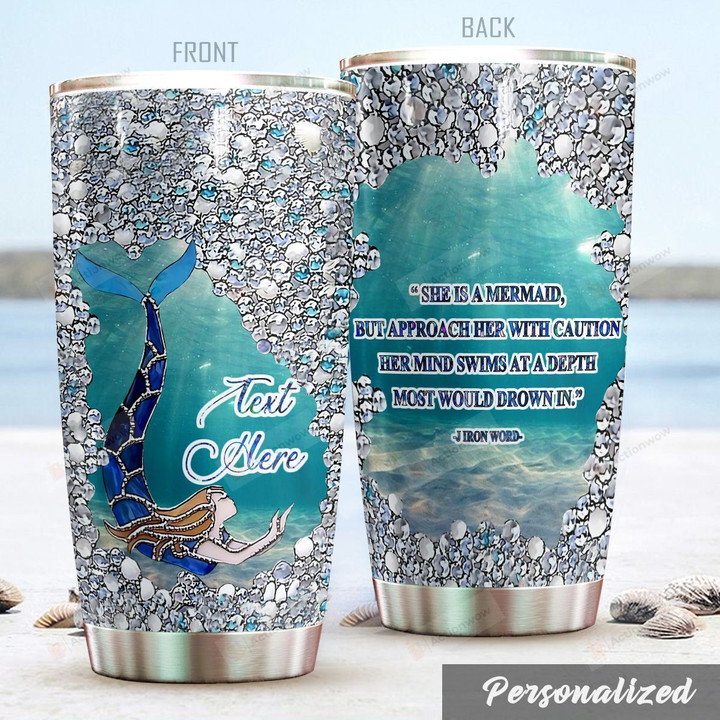 Personalized Glittered Mermaid Aproach Her With Caution Stainless Steel Tumbler Perfect Gifts For Mermaid Lover Tumbler Cups For Coffee/Tea, Great Customized Gifts For Birthday Christmas Thanksgiving