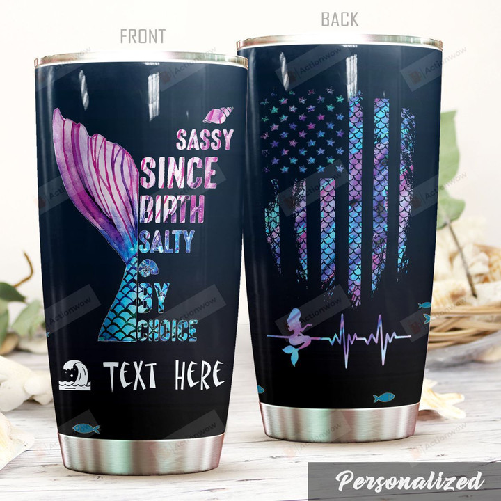 Personalized American Flag Mermaid Sassy Since Birth Stainless Steel Tumbler Perfect Gifts For Mermaid Lover Tumbler Cups For Coffee/Tea, Great Customized Gifts For Birthday Christmas Thanksgiving