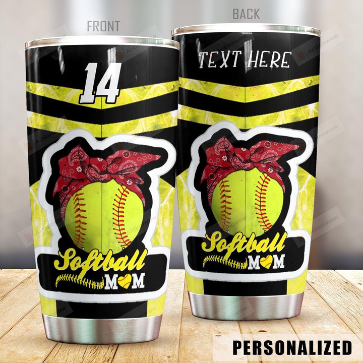 Personalized Softball Mom Ball Wearing Headband Stainless Steel Tumbler Perfect Gifts For Softball Mom Tumbler Cups For Coffee/Tea, Great Customized Gifts For Birthday Christmas Thanksgiving Mother's Day