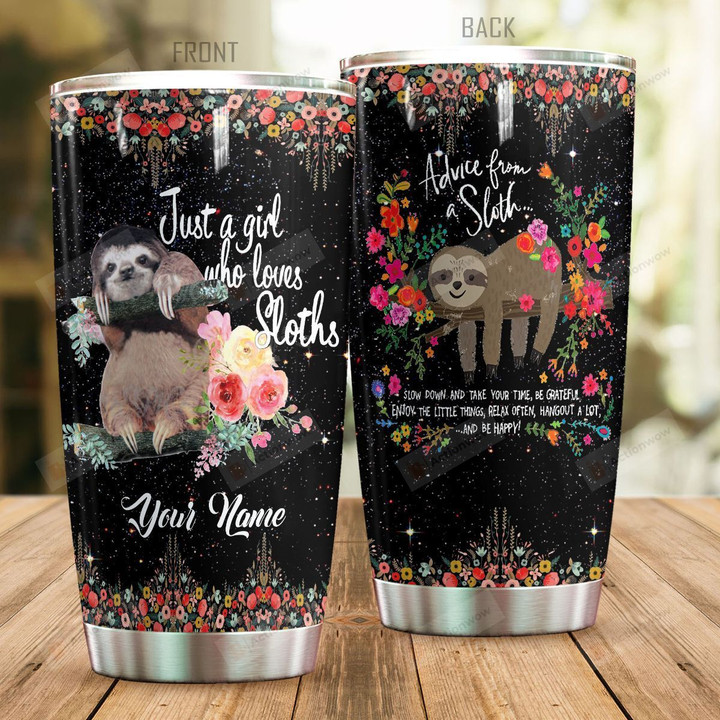 Personalized Sloth With Flower Enjoy The Little Things Stainless Steel Tumbler Perfect Gifts For Sloth Lover Tumbler Cups For Coffee/Tea, Great Customized Gifts For Birthday Christmas Thanksgiving