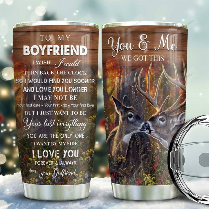 Deer Couple  Tumbler Cup, To My Boyfriend, I Love You, Stainless Steel Insulated Tumbler 20 Oz, Coffee/ Tea Tumbler With Lid, Best Gifts For Lover On Valentine, Anniversary, Birthday, Unique Gifts