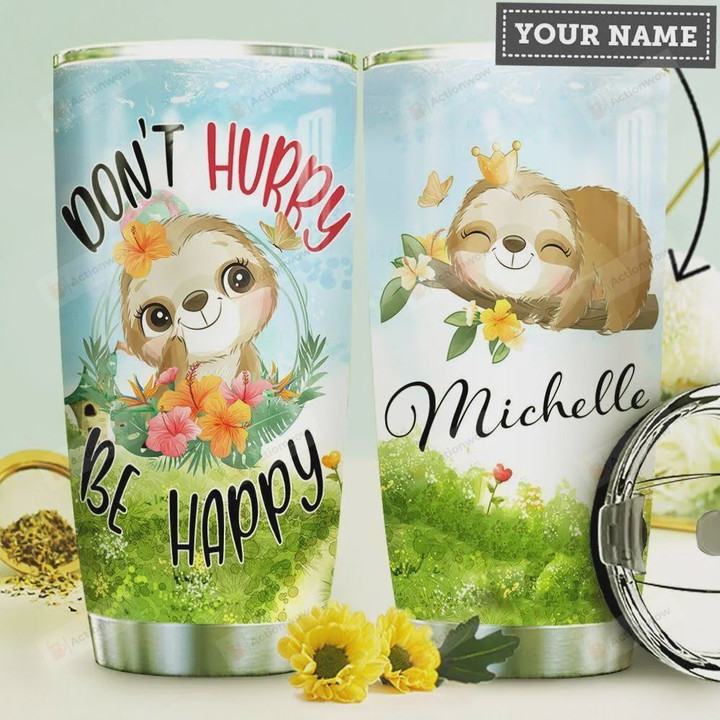 Adorable Sloth Personalized Stainless Steel Tumbler, 20 Oz Insulated Tumbler Cup, Don't Hurry Be Happy, Colorful Flowers Grass, Blue Sky, Best Gifts For Sloth Lover On Birthday Christmas