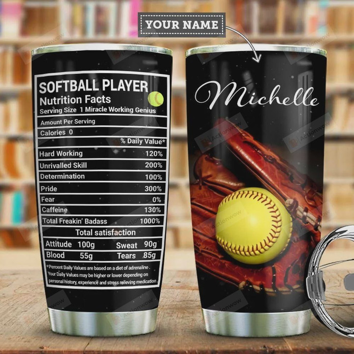 Softball Player Personalized, Nutrition Facts, Black, Percent Daily Values, 20 Oz, Stainless Steel Vacuum Insulated, Perfect Gifts For Softball Player On Birthday Christmas