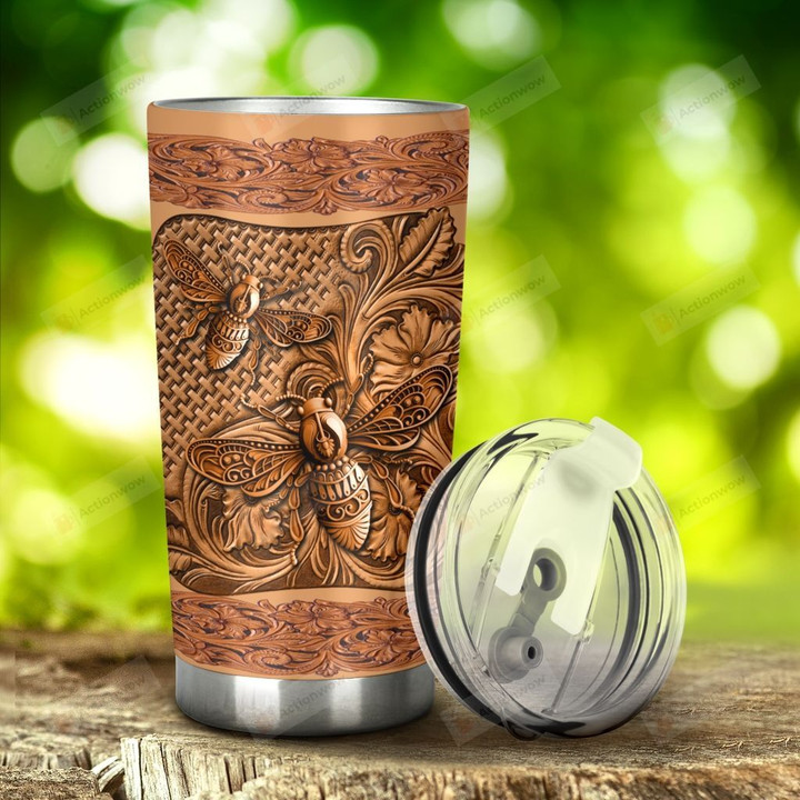 Wooden Bee Pattern Stainless Steel Tumbler, Tumbler Cups For Coffee/Tea, Great Customized Gifts For Birthday Christmas Thanksgiving