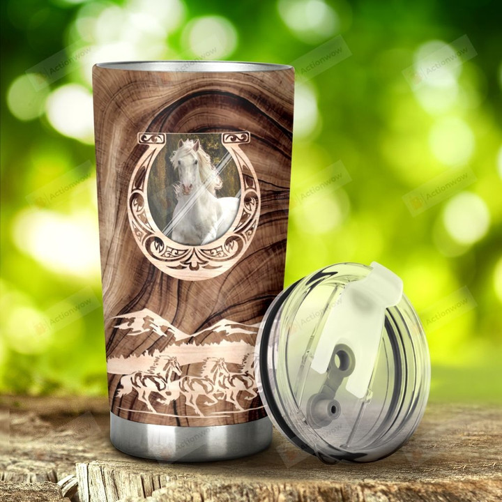 White Horse Carved On Wood Tumbler Stainless Steel Tumbler, Tumbler Cups For Coffee/Tea, Great Customized Gifts For Birthday Christmas Thanksgiving