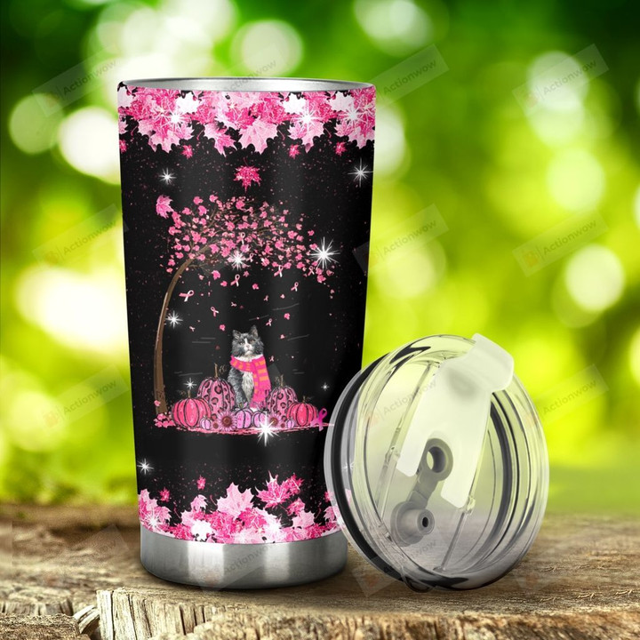 Black Cat In October We Wear Pink Stainless Steel Tumbler, Tumbler Cups For Coffee/Tea, Great Customized Gifts For Birthday Christmas Thanksgiving