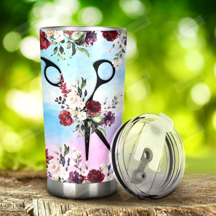 Scissor And Flower Hair Style She Works Willingly With Her Hand Stainless Steel Tumbler, Tumbler Cups For Coffee/Tea, Great Customized Gifts For Birthday Christmas Thanksgiving Anniversary