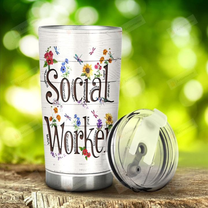 Social Worker Dragonfly Flowers Stainless Steel Tumbler, Tumbler Cups For Coffee/Tea, Great Customized Gifts For Birthday Christmas Thanksgiving