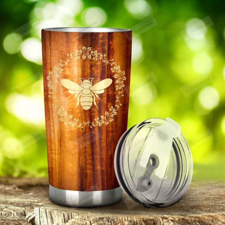 Bee Happy Wood Style Tumbler Stainless Steel Tumbler, Tumbler Cups For Coffee/Tea, Great Customized Gifts For Birthday Christmas Thanksgiving Anniversary