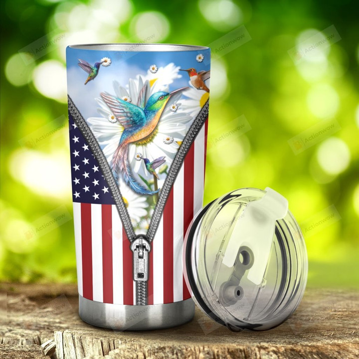 Hummingbird And American Flag Zipper Tumbler Stainless Steel Tumbler, Tumbler Cups For Coffee/Tea, Great Customized Gifts For Birthday Christmas Thanksgiving