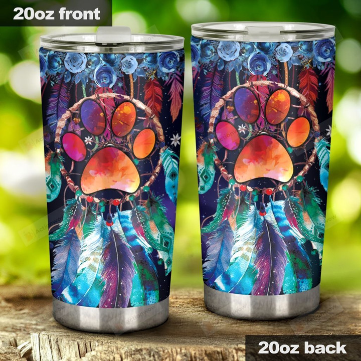Dog Paw Colorful Dreamcatcher Stainless Steel Tumbler, Tumbler Cups For Coffee/Tea, Great Customized Gifts For Birthday Christmas Thanksgiving