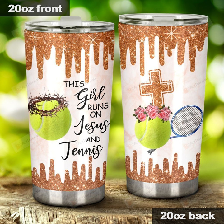 This Girl Runs On Jesus And Tennis Racket And Ball Stainless Steel Tumbler, Tumbler Cups For Coffee/Tea, Great Customized Gifts For Birthday Christmas Thanksgiving