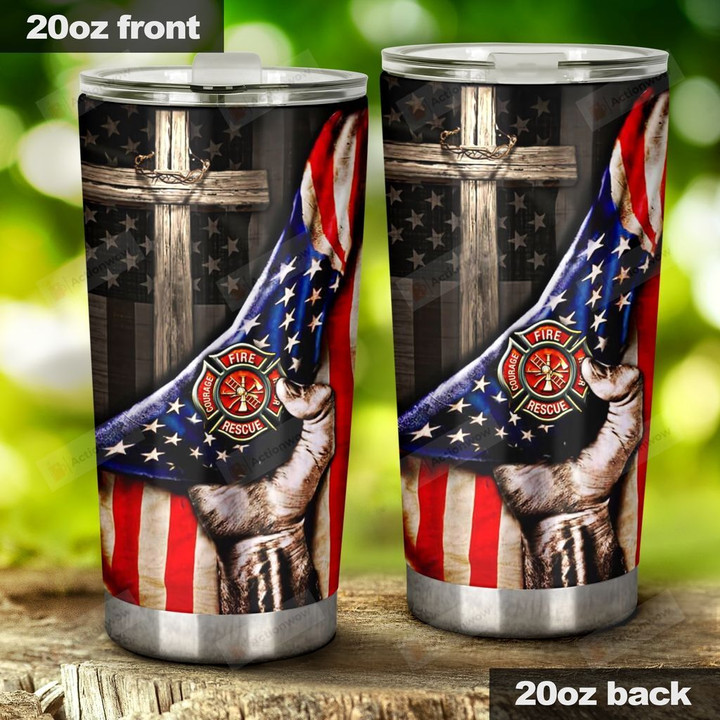 American Flag Firefighter In Front Of The Cross Stainless Steel Tumbler, Tumbler Cups For Coffee/Tea, Great Customized Gifts For Birthday Christmas Thanksgiving