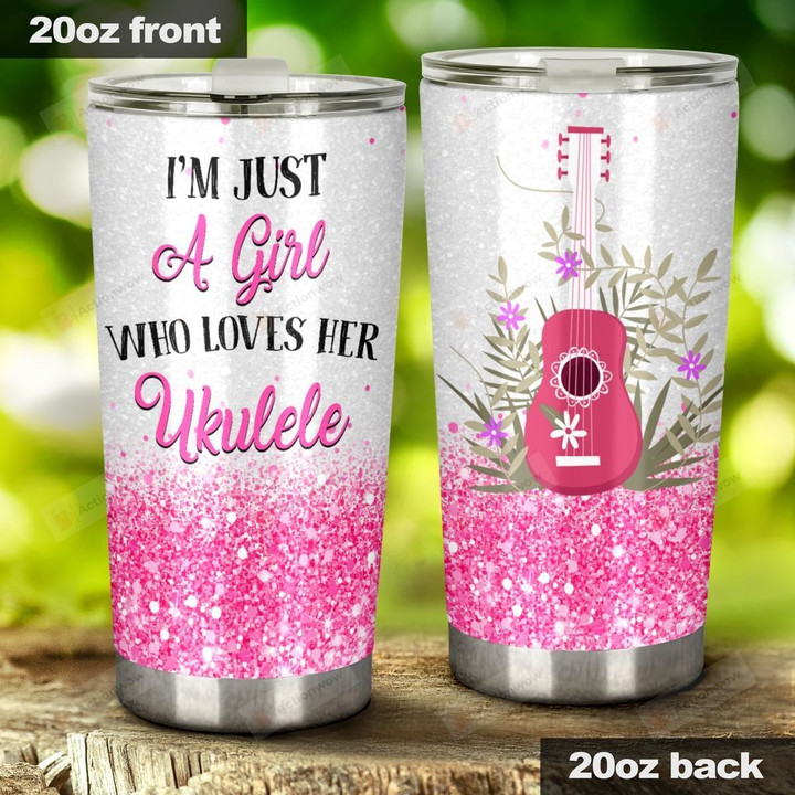 I'm Just A Girl Who Loves Ukulele Pink Ukulele With White Flower Stainless Steel Tumbler, Tumbler Cups For Coffee/Tea, Great Customized Gifts For Birthday Christmas Thanksgiving