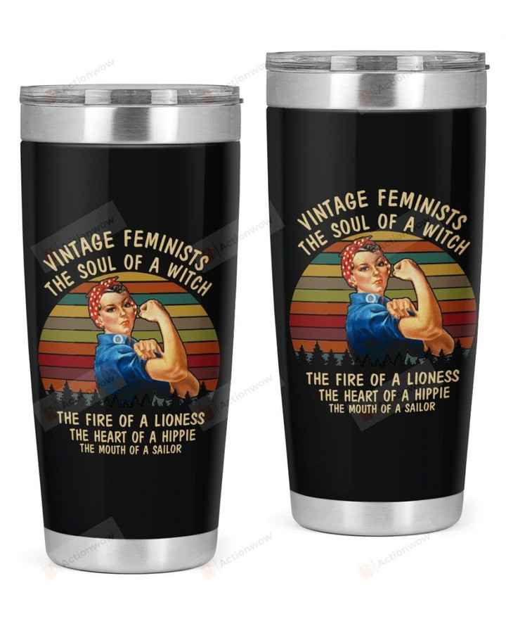 Vintage Feminists Rosie the Riveter Tumbler The Soul Of A Witch Tumbler Gifts For International Women's Day Birthday 20 Oz Sports Bottle Stainless Steel Vacuum Insulated Tumbler