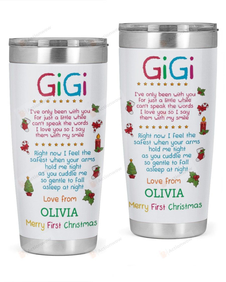 Personalized Gigi Tumbler Merry First Christmas Stainless Steel Vacuum Insulated Double Wall Travel Tumbler With Lid, Tumbler Cups For Coffee/Tea, Perfect Gifts For Grandma On Birthday Christmas