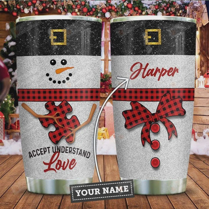 Autism Snowman Personalized Tumbler Cup Accept Understand Love Stainless Steel Vacuum Insulated Tumbler 20 Oz Travel Tumbler With Lid Great Gifts For Birthday Christmas Thanksgiving