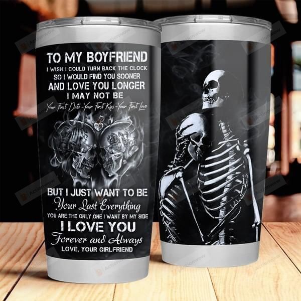 Personalized Skull Couple To My Boyfriend Tumbler I Love You Forever Stainless Steel Vacuum Insulated Double Wall Travel Tumbler With Lid, Tumbler Cups For Coffee/Tea, Perfect Gifts For Birthday Valentine Anniversary