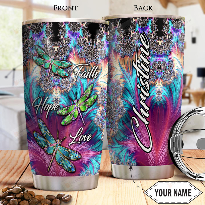 Faith Dragonfly Personalized Tumbler Cup Faith Hope Love Stainless Steel Insulated Tumbler 20 Oz Gift Ideas For Birthday Christmas Thanksgiving Coffee/ Tea Tumbler With Lid