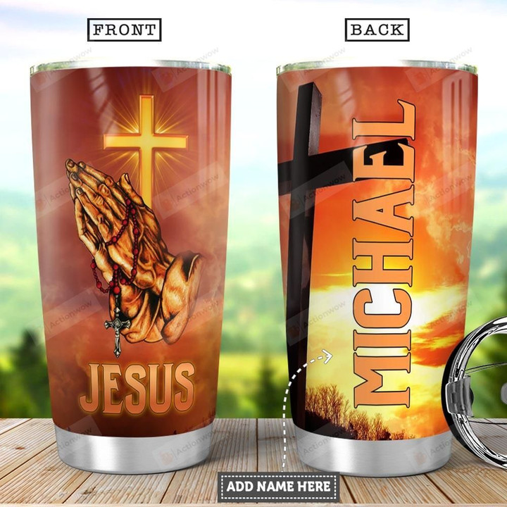 Personalized Jesus Faith Cross Orange Tumbler Cup Stainless Steel Insulated Tumbler 20 Oz Coffee/ Tea Tumbler With Lid Unique Gifts For Friends Relatives On Birthday Christmas Thanksgiving